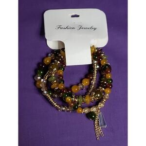 Set Of 4 Glass Bead Stackable Bracelets Multicolored Beads & Gold Tone Metal NEW